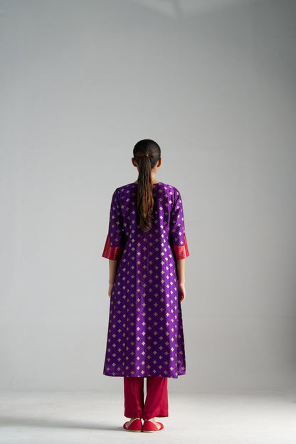 Pink And Purple Brocade A-line Kurta With Pants