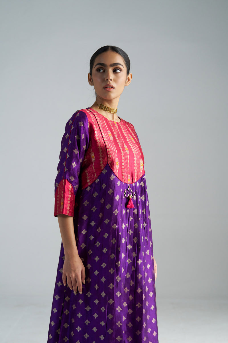 Pink And Purple Brocade A-line Kurta With Pants