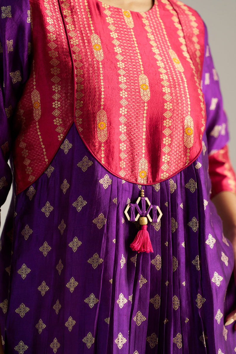 Pink And Purple Brocade A-line Kurta With Pants