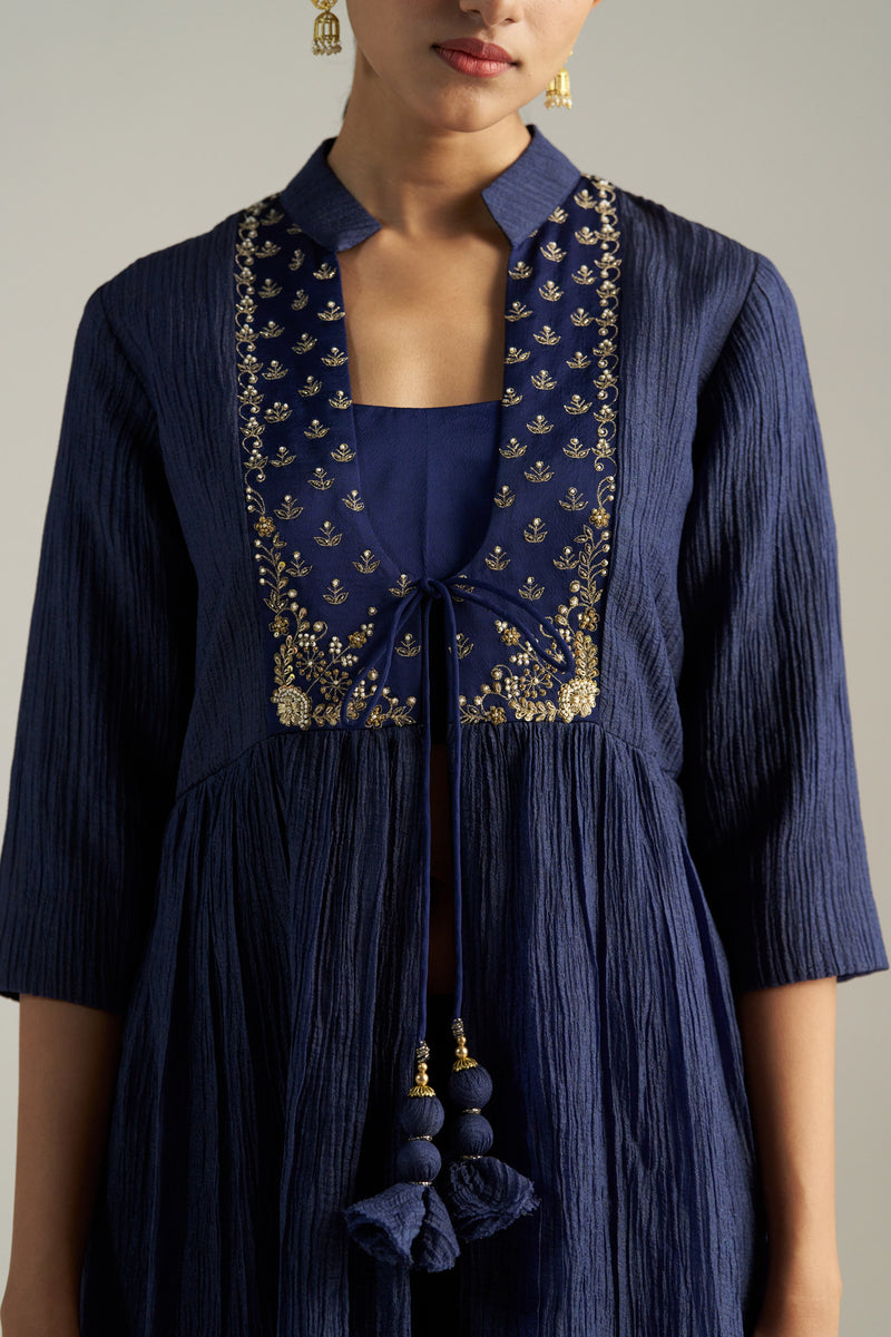 Blue Jacket Paired With  Crop Top And Pants