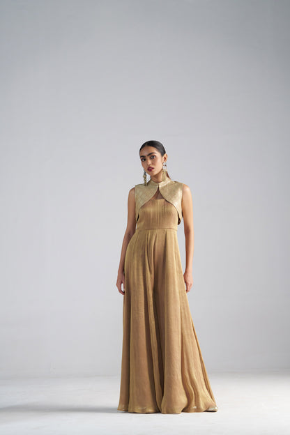 Golden Tissue Jumpsuit with Brocade Shrug