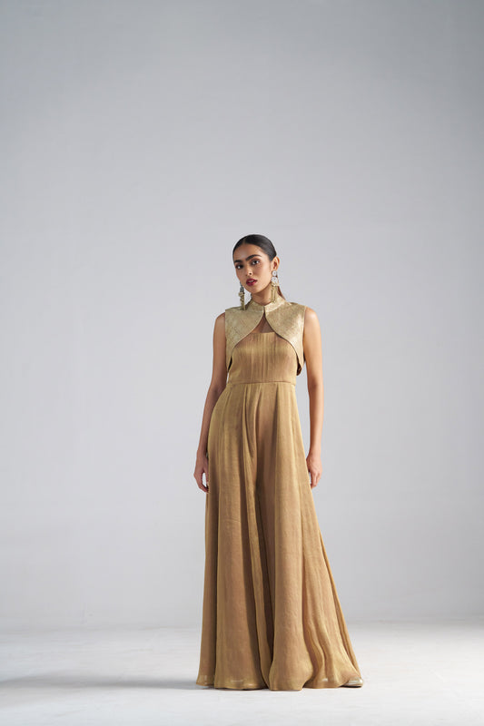 Golden Tissue Jumpsuit with Brocade Shrug