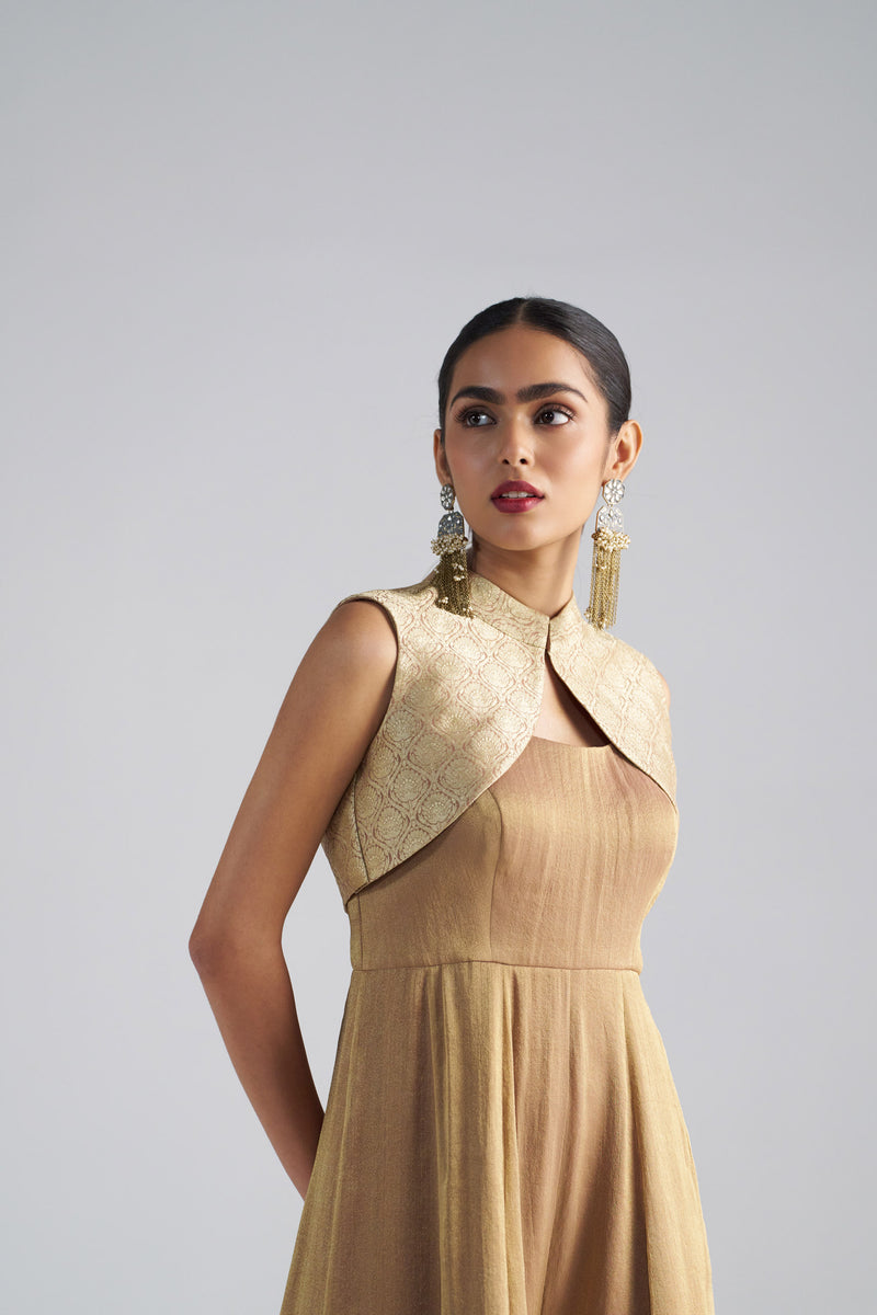 Golden Tissue Jumpsuit with Brocade Shrug