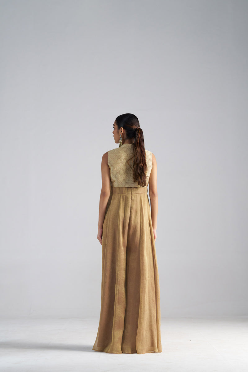 Golden Tissue Jumpsuit with Brocade Shrug