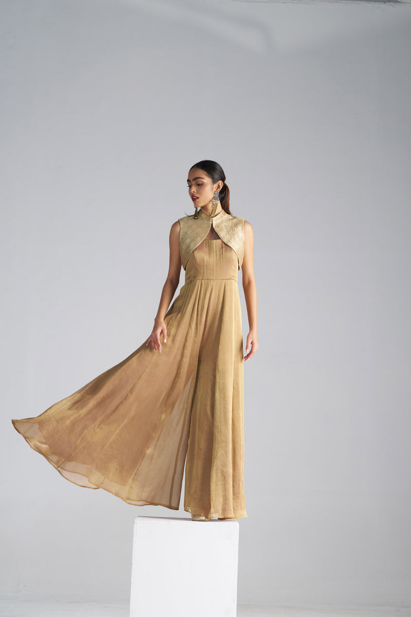 Golden Tissue Jumpsuit with Brocade Shrug