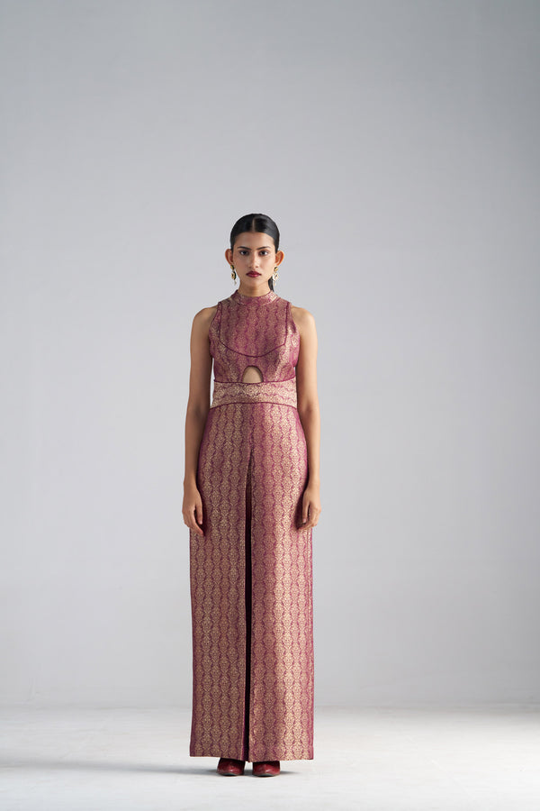 Wine Brocade Jumpsuit