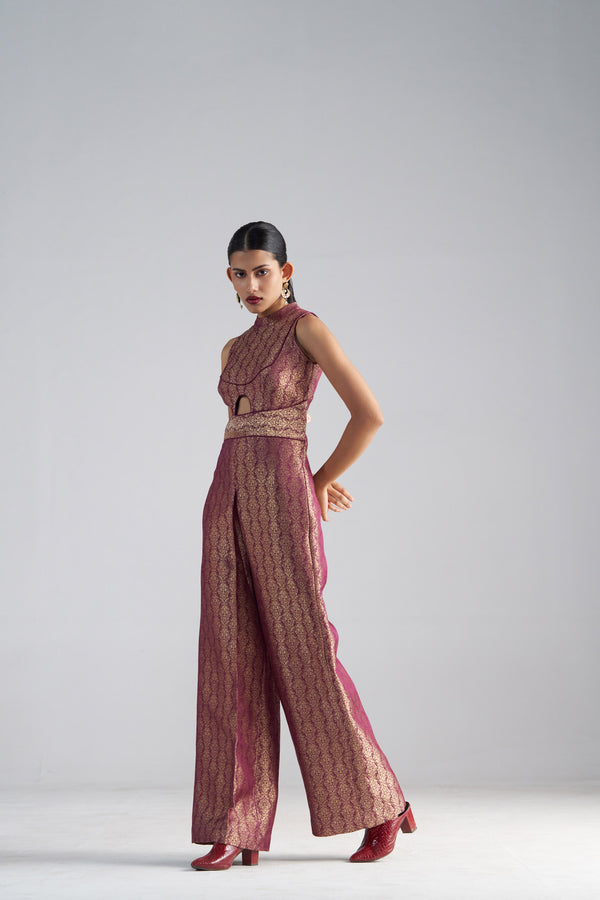 Wine Brocade Jumpsuit