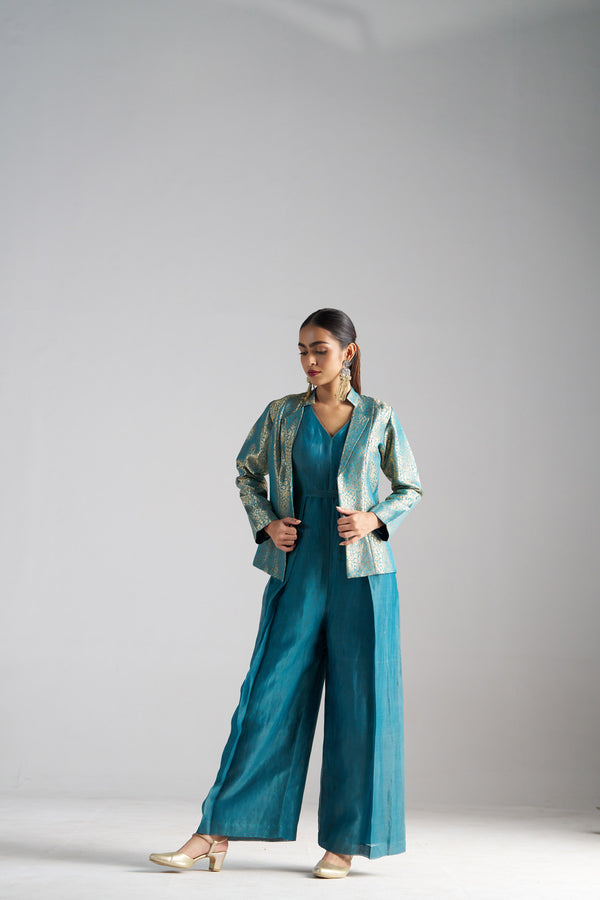 Teal Blue Jumpsuit With Brocade Jacket