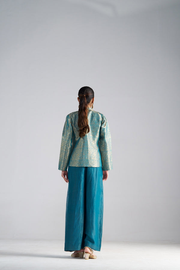 Teal Blue Jumpsuit With Brocade Jacket