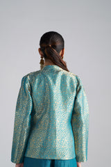 Teal Blue Jumpsuit With Brocade Jacket