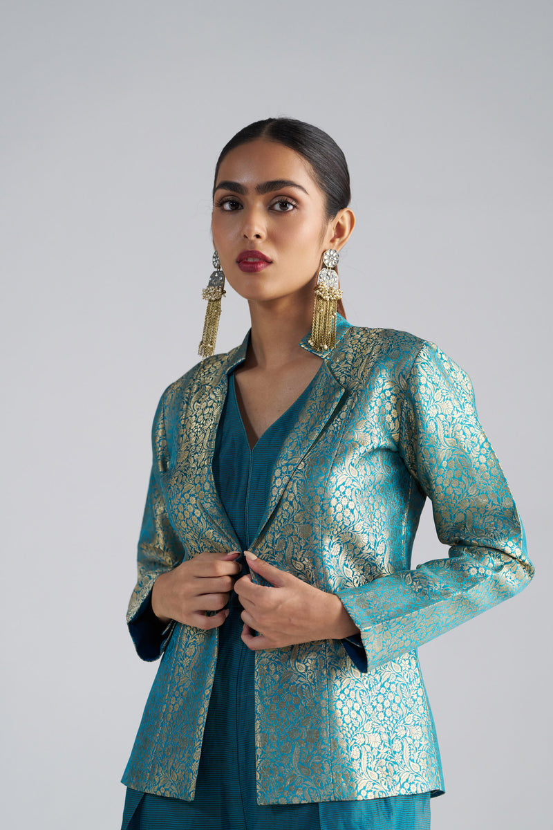 Teal Blue Jumpsuit With Brocade Jacket