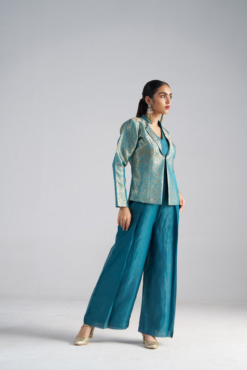 Teal Blue Jumpsuit With Brocade Jacket