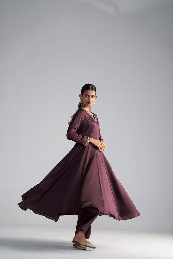 Brown Anarakali, Pants And Shade Dupatta With Hand Emebroiderd Details
