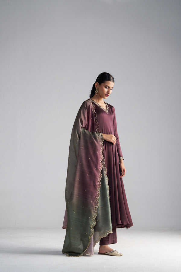 Brown Anarakali, Pants And Shade Dupatta With Hand Emebroiderd Details