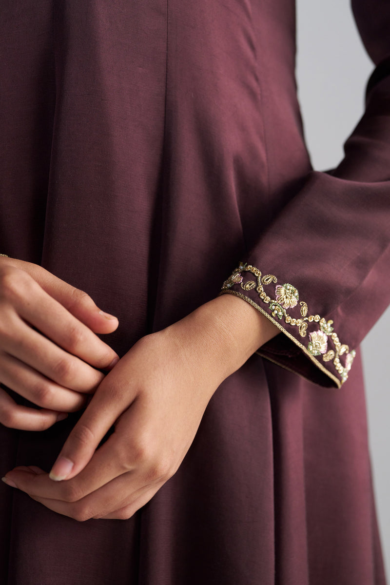 Brown Anarakali, Pants And Shade Dupatta With Hand Emebroiderd Details