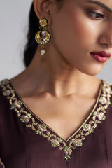 Brown Anarakali, Pants And Shade Dupatta With Hand Emebroiderd Details