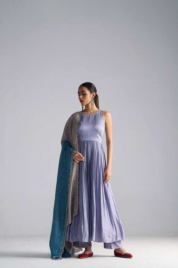 Light Grey Anarkali, Pants And Shaded Dupatta With Hand Embroidered Details