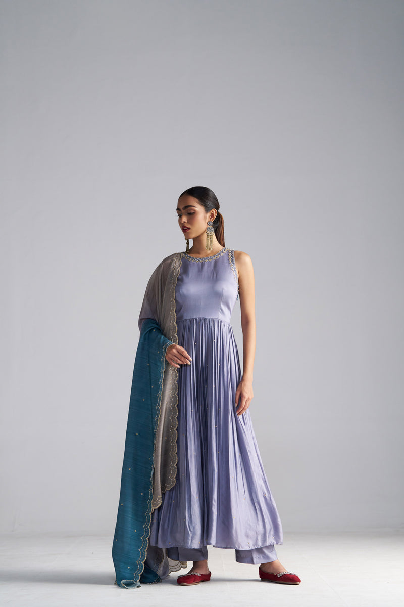 Light Grey Anarkali, Pants And Shaded Dupatta With Hand Embroidered Details