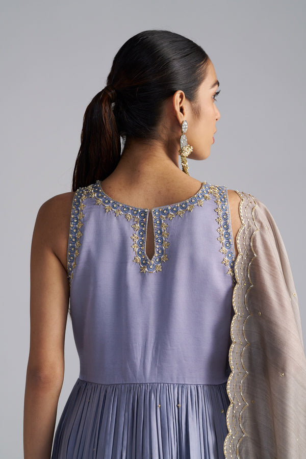 Light Grey Anarkali, Pants And Shaded Dupatta With Hand Embroidered Details