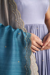 Light Grey Anarkali, Pants And Shaded Dupatta With Hand Embroidered Details