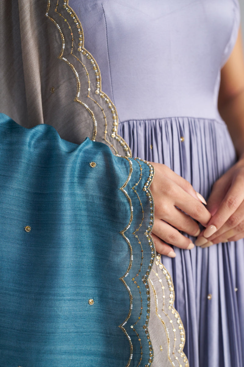 Light Grey Anarkali, Pants And Shaded Dupatta With Hand Embroidered Details