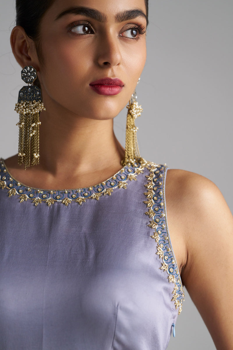 Light Grey Anarkali, Pants And Shaded Dupatta With Hand Embroidered Details