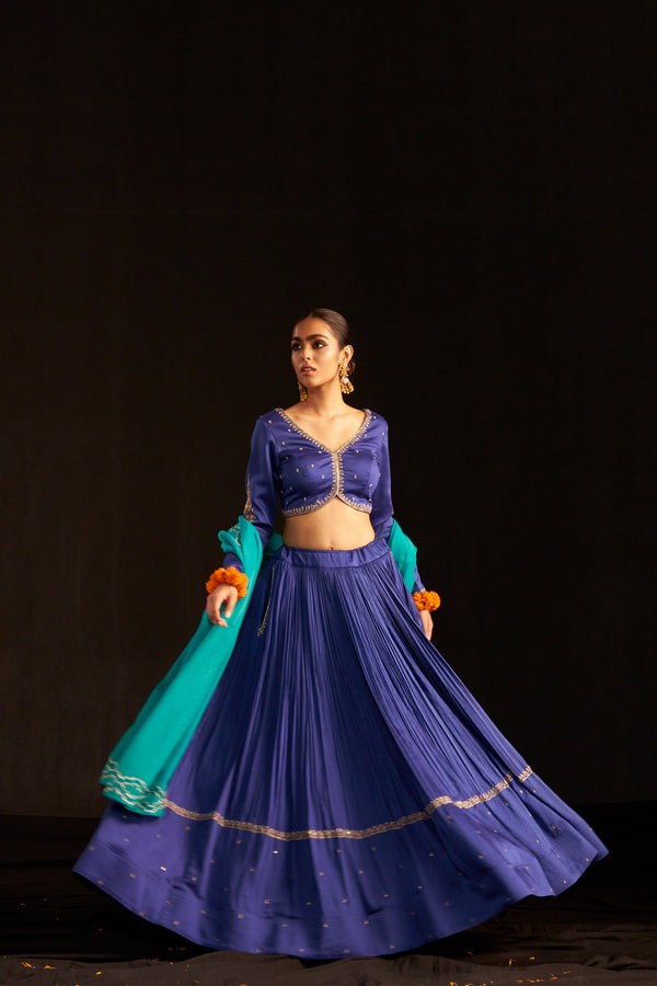 Blue Lehengha Set And Dupatta With Hand Embroidered Details