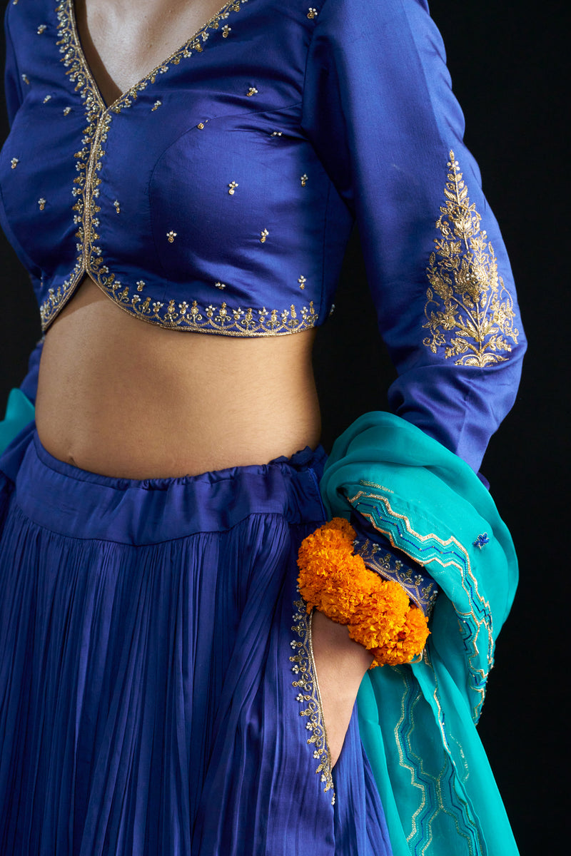 Blue Lehengha Set And Dupatta With Hand Embroidered Details