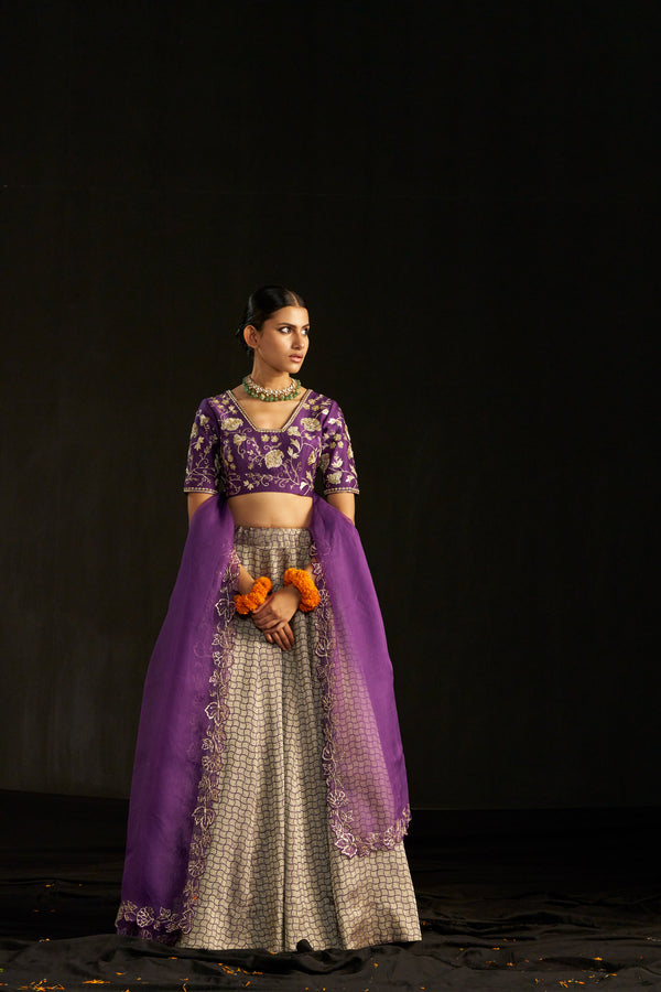 Purple Banarasi Brocade Lehengha Set And Dupatta With Handembroidred Details