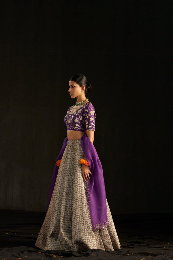 Purple Banarasi Brocade Lehengha Set And Dupatta With Handembroidred Details