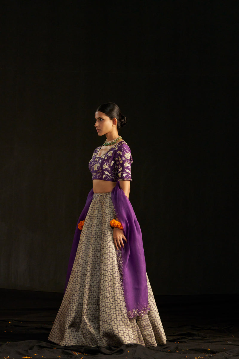Purple Banarasi Brocade Lehengha Set And Dupatta With Handembroidred Details