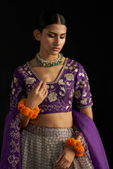 Purple Banarasi Brocade Lehengha Set And Dupatta With Handembroidred Details