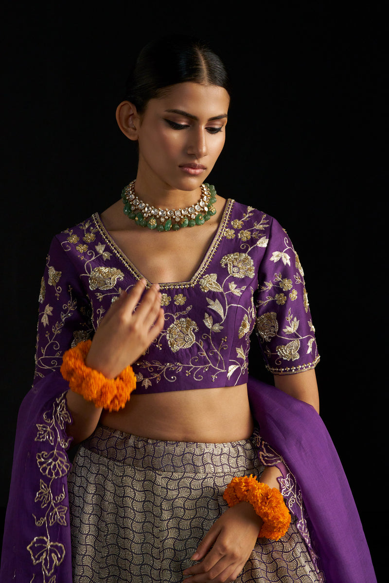 Purple Banarasi Brocade Lehengha Set And Dupatta With Handembroidred Details