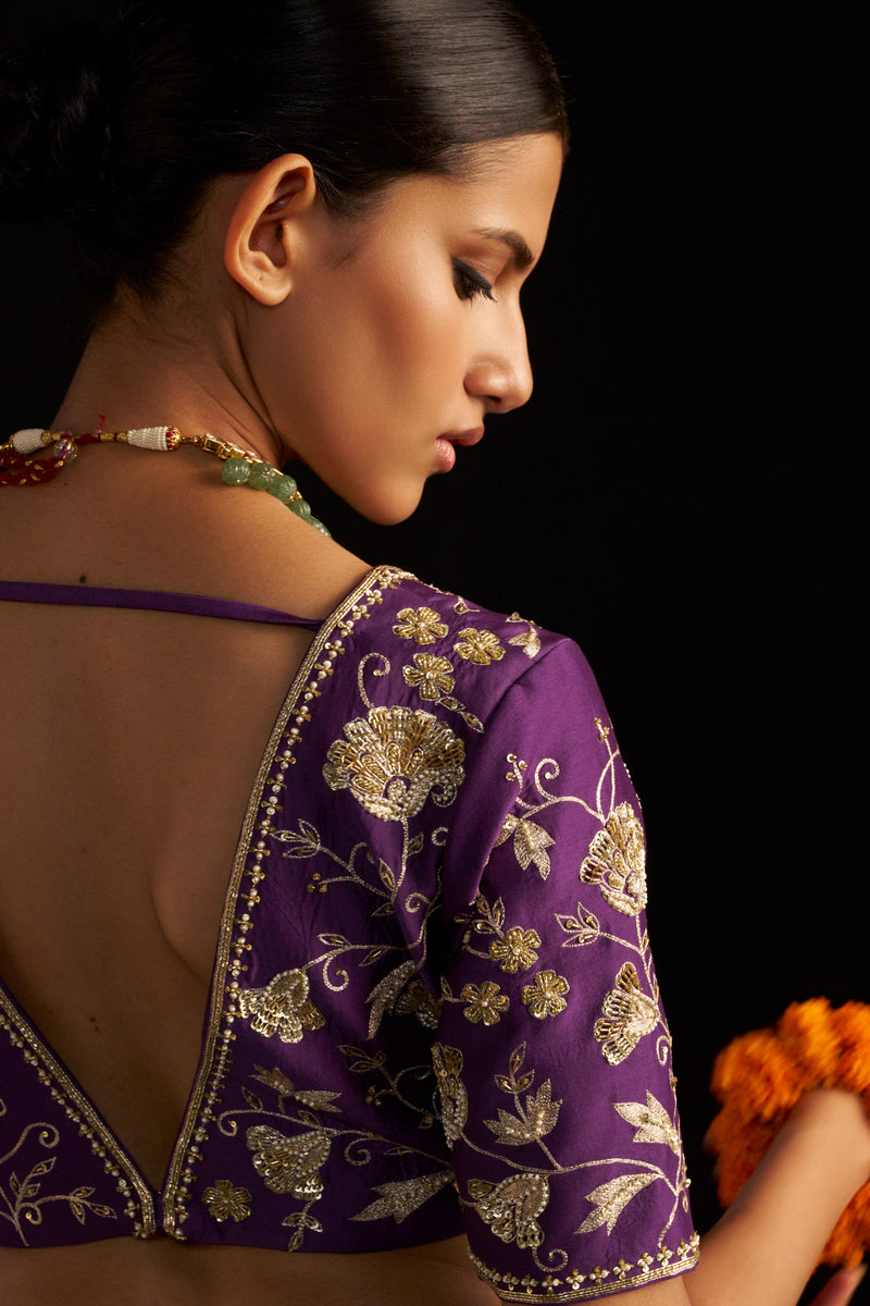 Purple Banarasi Brocade Lehengha Set And Dupatta With Handembroidred Details