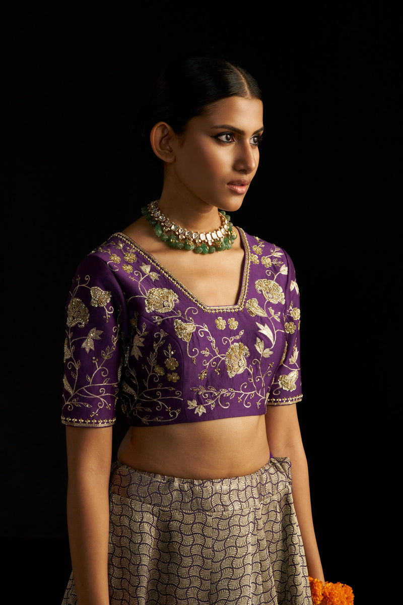 Purple Banarasi Brocade Lehengha Set And Dupatta With Handembroidred Details