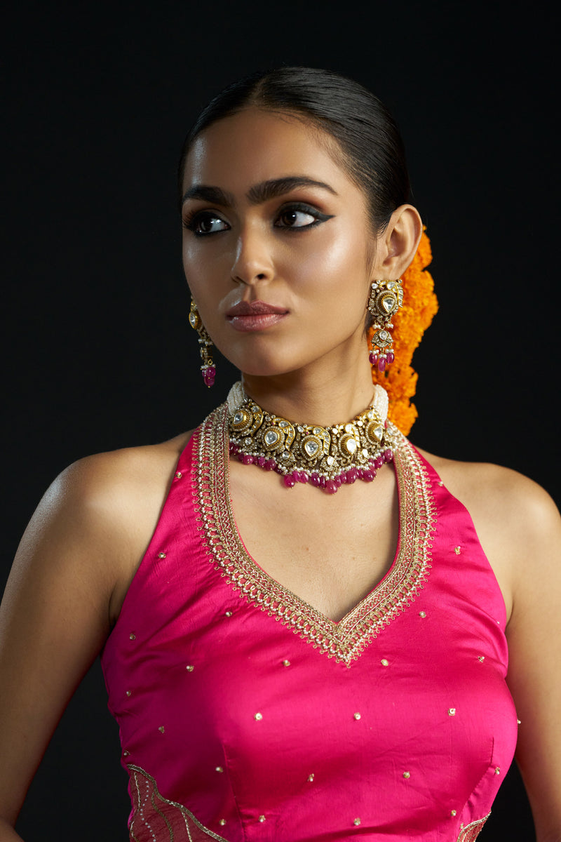 Ranipink Halterneck Top And Skirt With Tissue