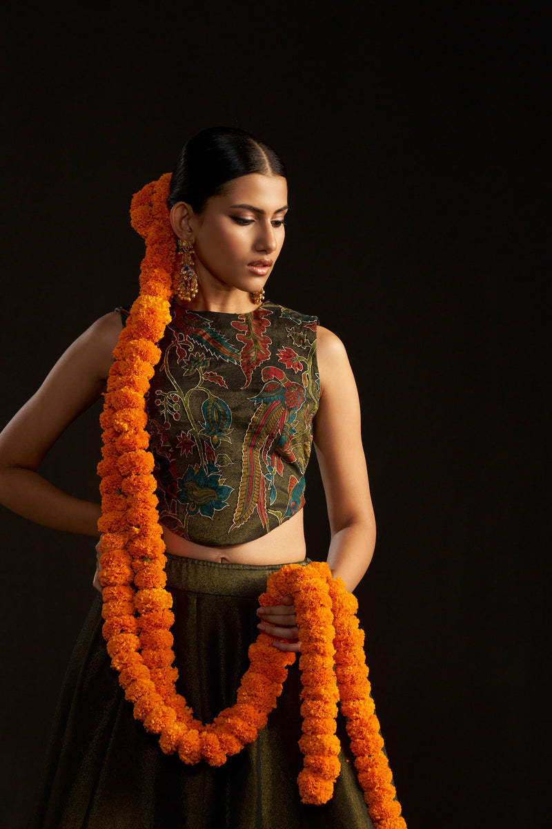 Black Kalamkari Top And Skirt