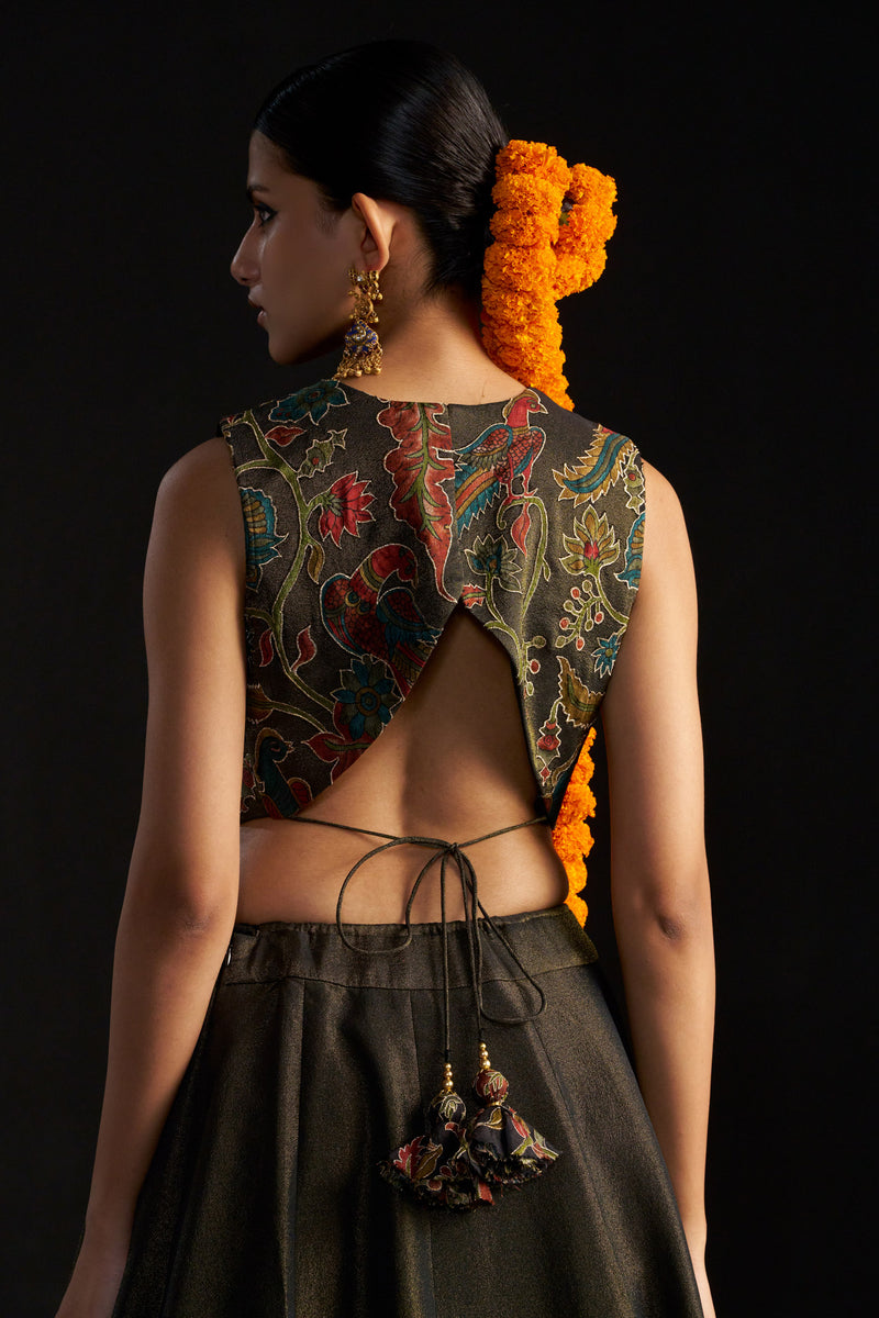 Black Kalamkari Top And Skirt