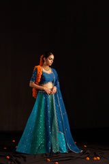 Blue Banarasi Lehengha, Blouse Paired With Organza Handembroidered Dupatta