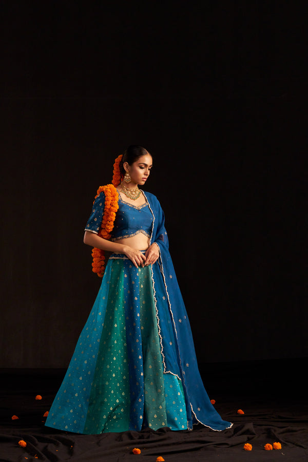 Blue Banarasi Lehengha, Blouse Paired With Organza Handembroidered Dupatta