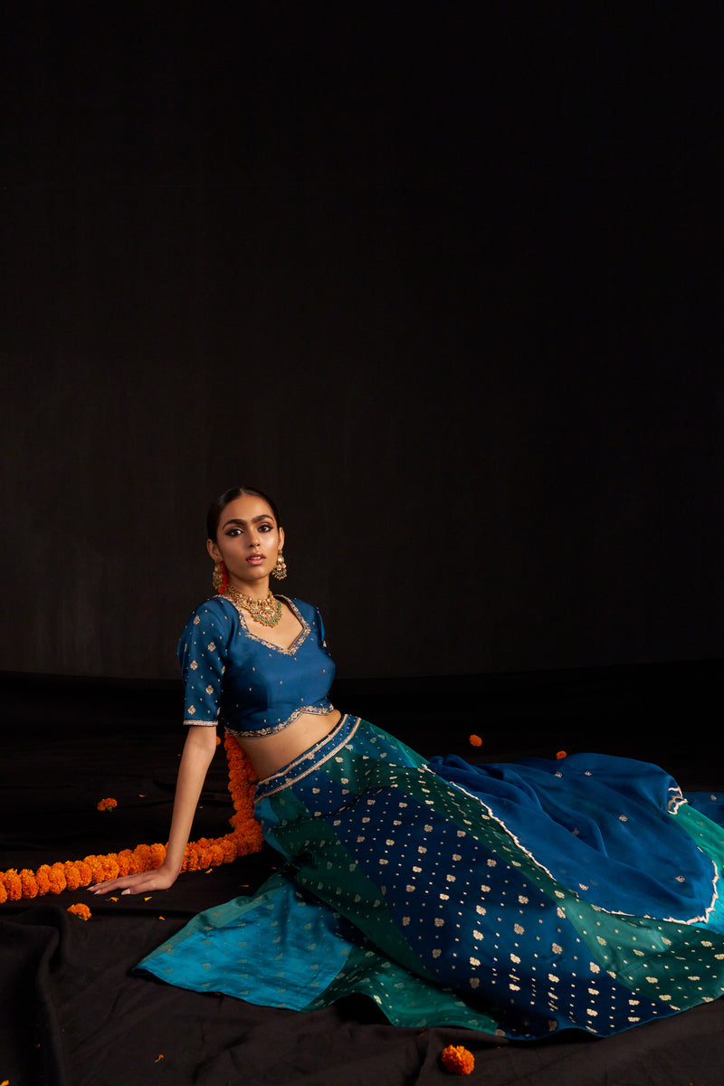 Blue Banarasi Lehengha, Blouse Paired With Organza Handembroidered Dupatta
