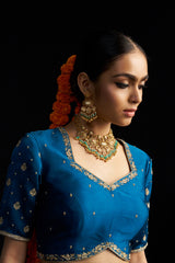 Blue Banarasi Lehengha, Blouse Paired With Organza Handembroidered Dupatta
