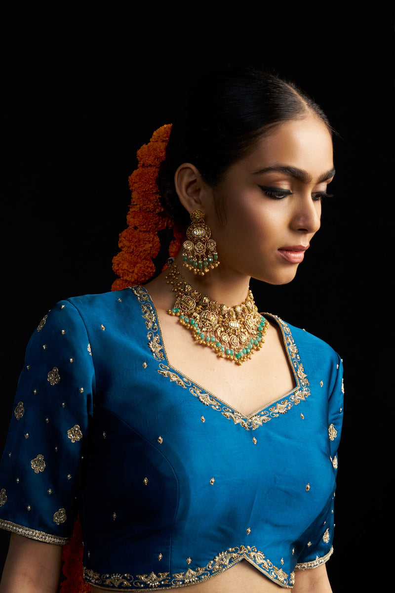 Blue Banarasi Lehengha, Blouse Paired With Organza Handembroidered Dupatta