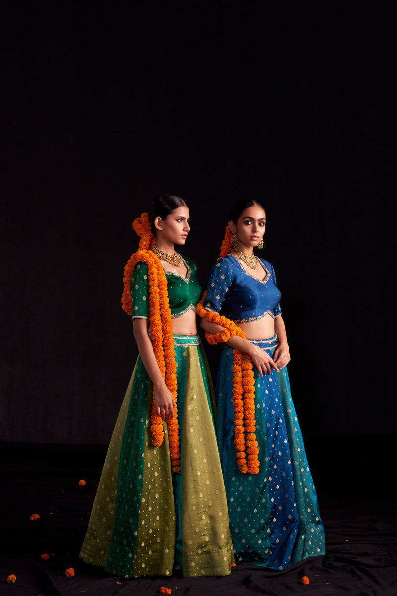Blue Banarasi Lehengha, Blouse Paired With Organza Handembroidered Dupatta