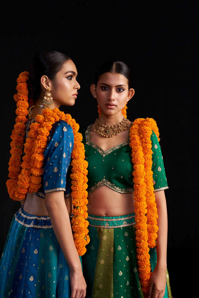 Green Banarasi Lehengha, Blouse Paired With Organza Handembroidered Dupatta