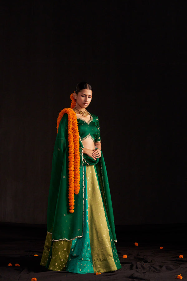 Green Banarasi Lehengha, Blouse Paired With Organza Handembroidered Dupatta