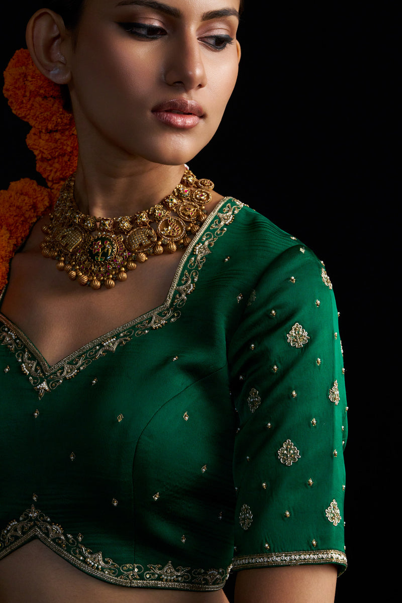 Green Banarasi Lehengha, Blouse Paired With Organza Handembroidered Dupatta