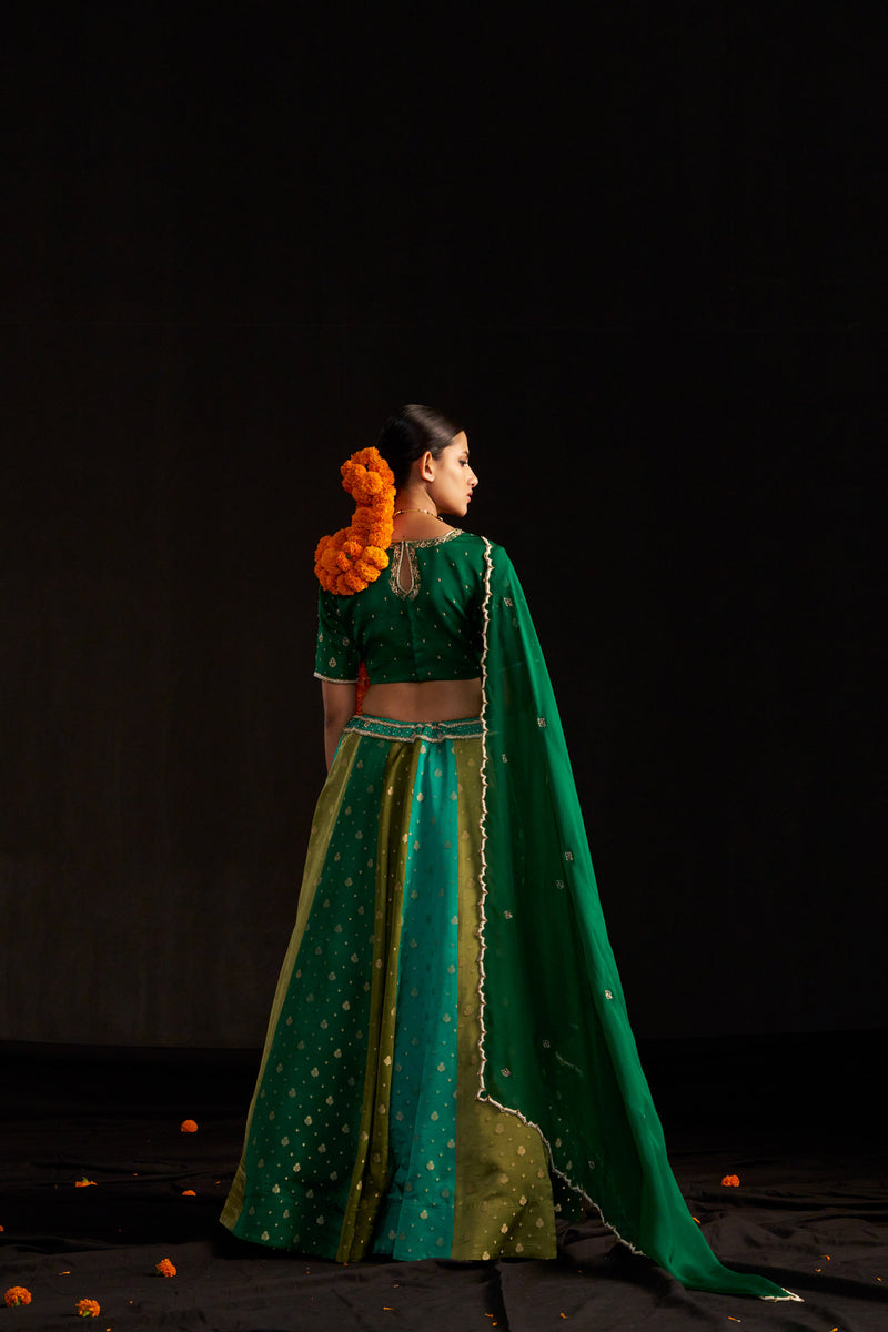 Green Banarasi Lehengha, Blouse Paired With Organza Handembroidered Dupatta