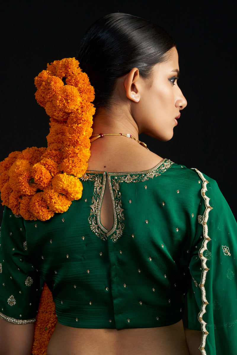 Green Banarasi Lehengha, Blouse Paired With Organza Handembroidered Dupatta
