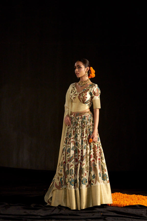 Beige Kanjivaram Kalamkari Lehengha Blouse With Tissue Dupatta